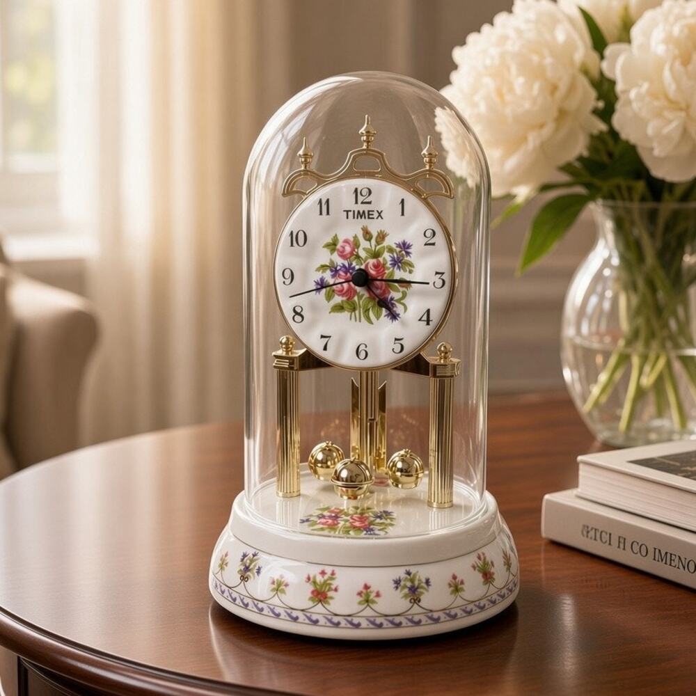 Vintage Timex Anniversary Torsion Clock Floral Porcelain Glass Dome Works